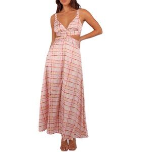 Petal And Pup Sydney Cutout Silky Maxi Dress In Sunset Check Tie Back Size Large